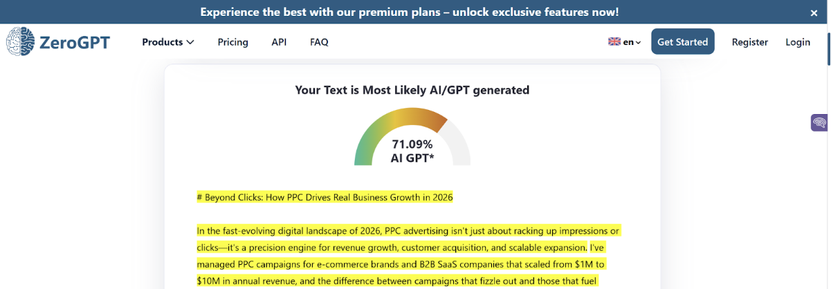 ZeroGPT scan of an AI blog post from iWeaver