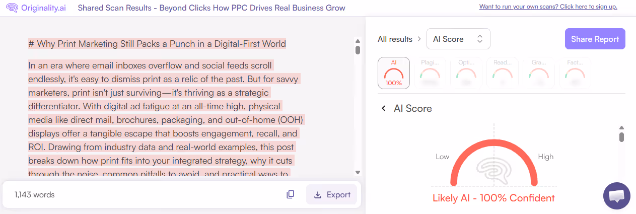 Originality.ai AI scan of an iWeaver AI-generate blog