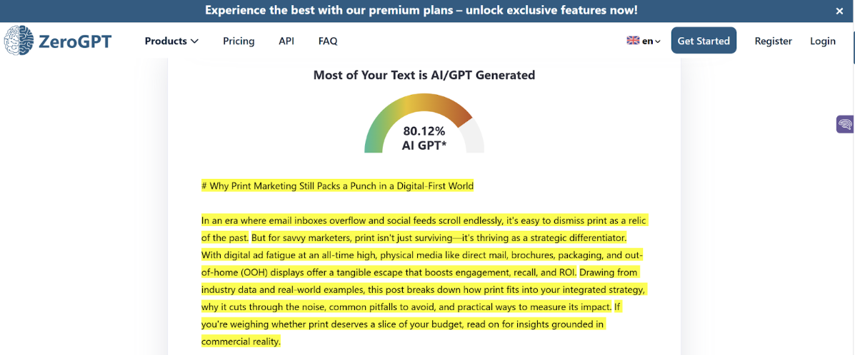 ZeroGPT Scan of an AI blog post