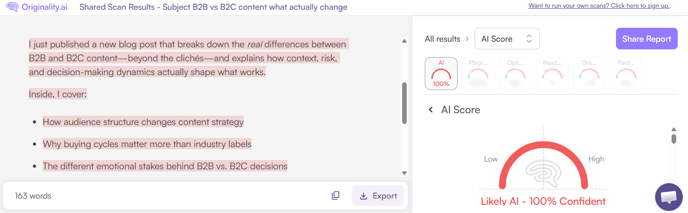 Originality.ai AI scan of an AI email