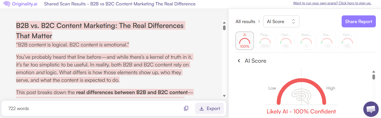  Originality.ai AI Scan of an AI Blog Post