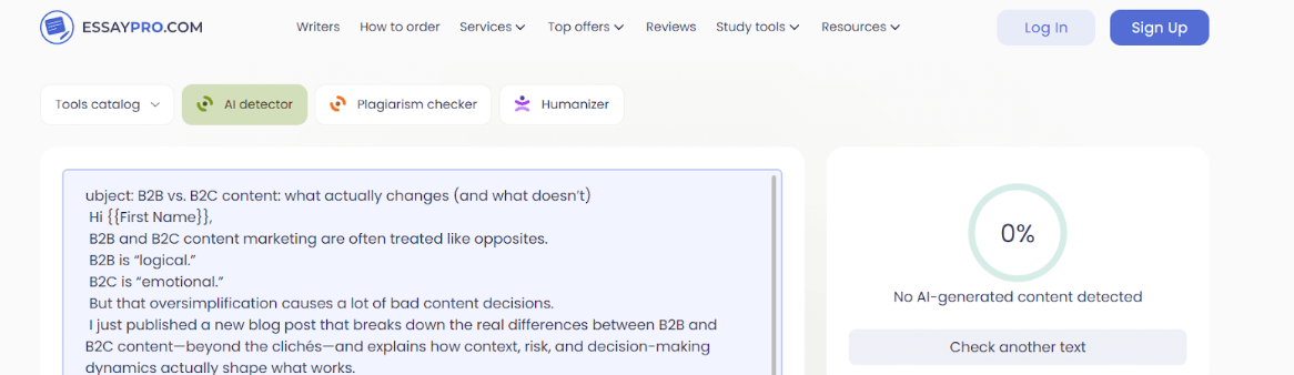 Essaypro AI scan of a promotional email