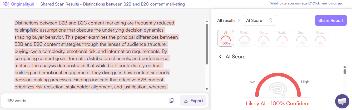 Originality.ai AI Scan of an AI Research Paper Abstract
