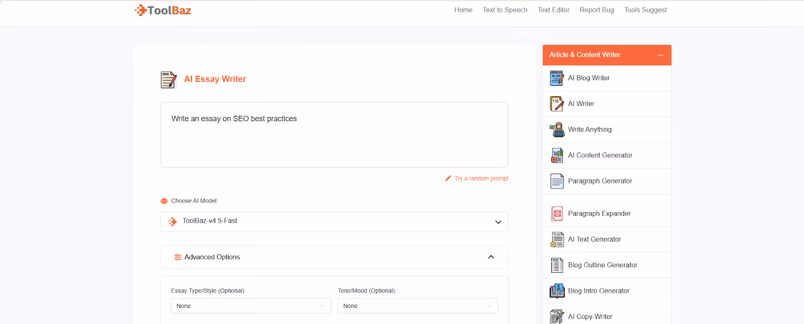 ToolBaz AI Essay Writer prompted to generate an SEO essay