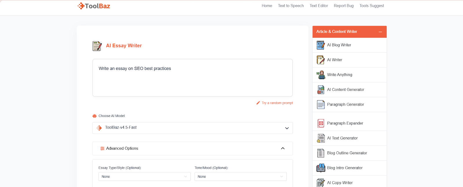 ToolBaz AI Essay Writer prompted to generate an SEO essay