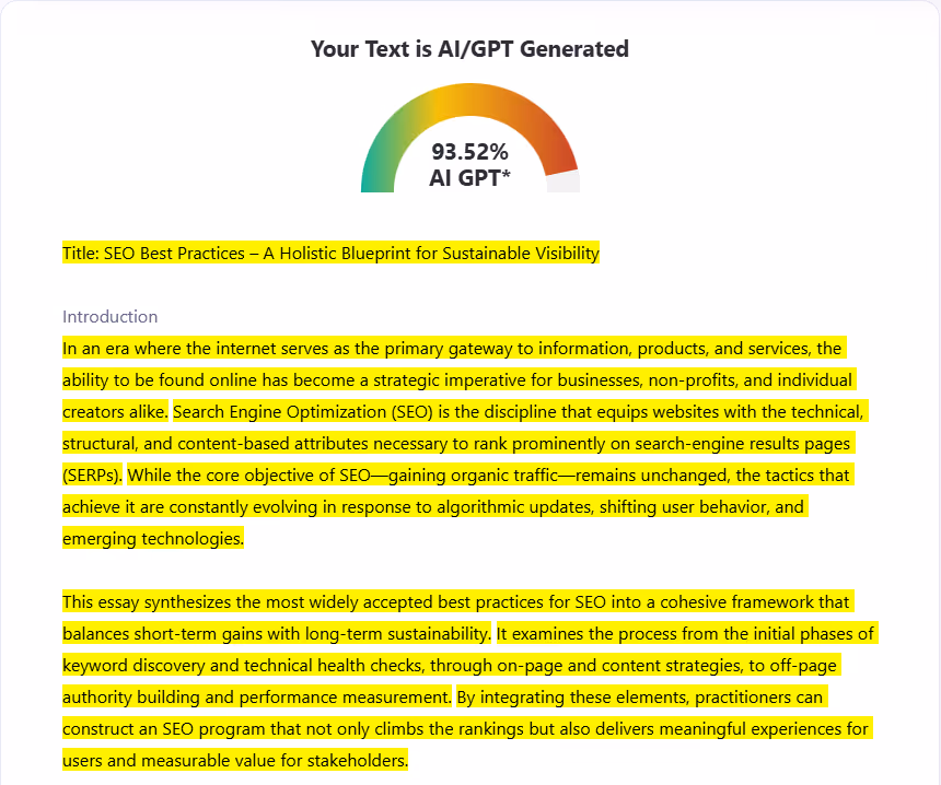ZeroGPT score of an AI essay