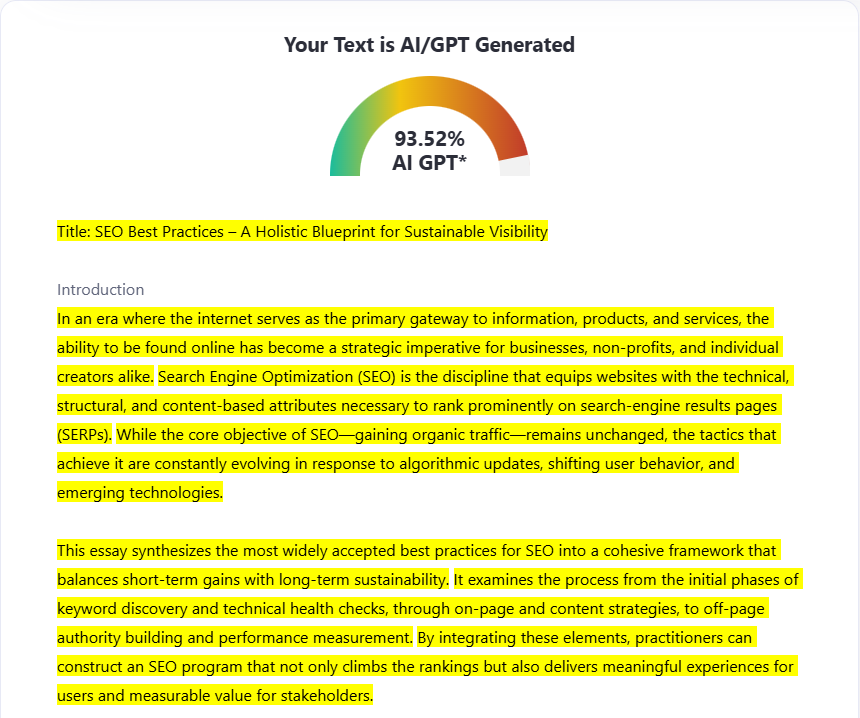 ZeroGPT score of an AI essay