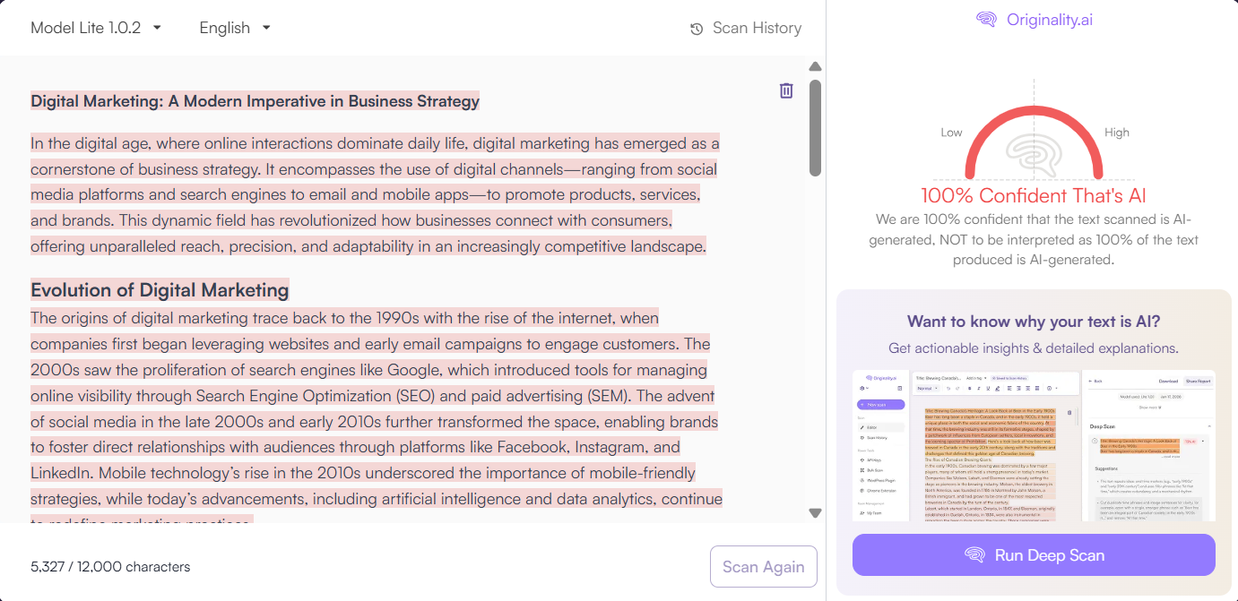 Originality.ai AI Detects ToolBaz AI Essays