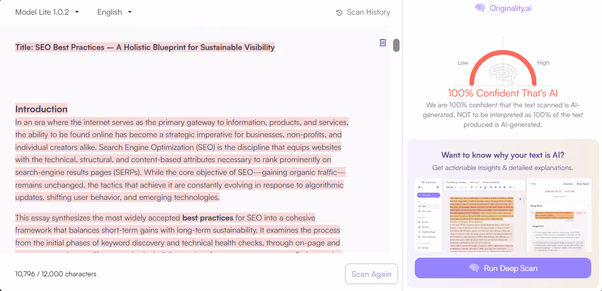 Originality.ai AI scan of a ToolBaz AI-generated essay