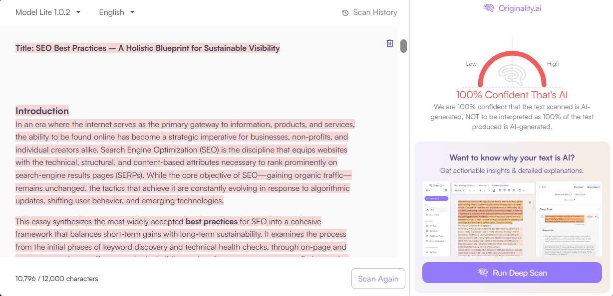 Originality.ai AI scan of a ToolBaz AI-generated essay