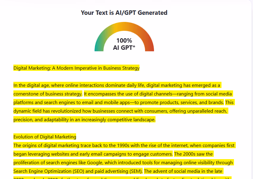 ZeroGPT scan of an AI Essay