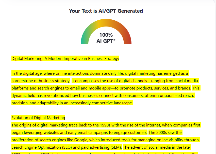 ZeroGPT scan of an AI Essay