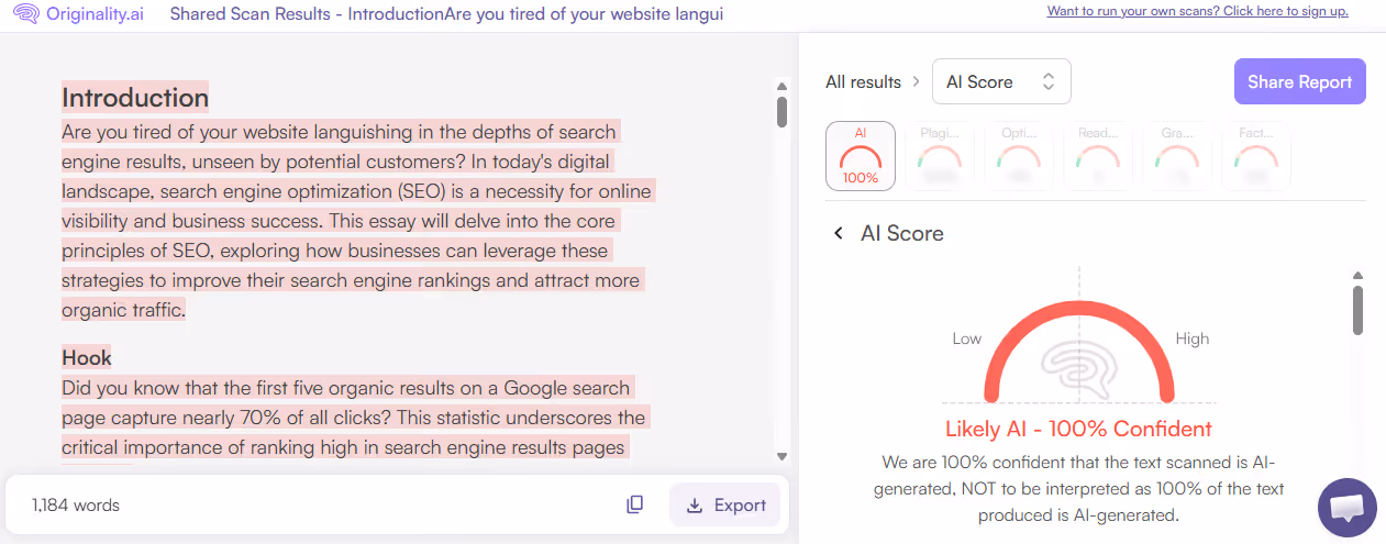 Originality.ai AI Scan of an AI Essay on SEO