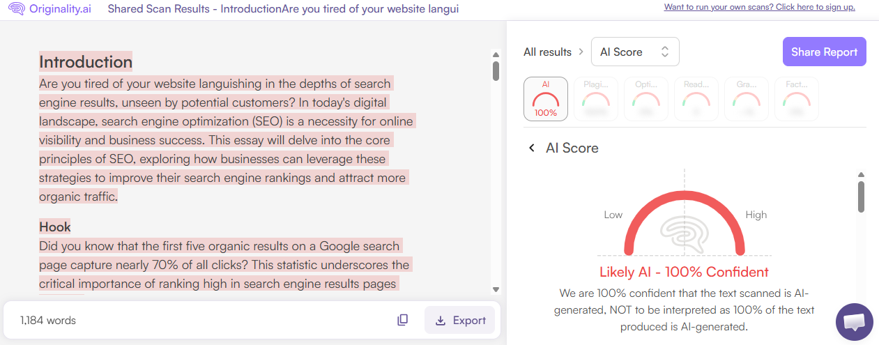 Originality.ai AI Scan of an AI Essay on SEO