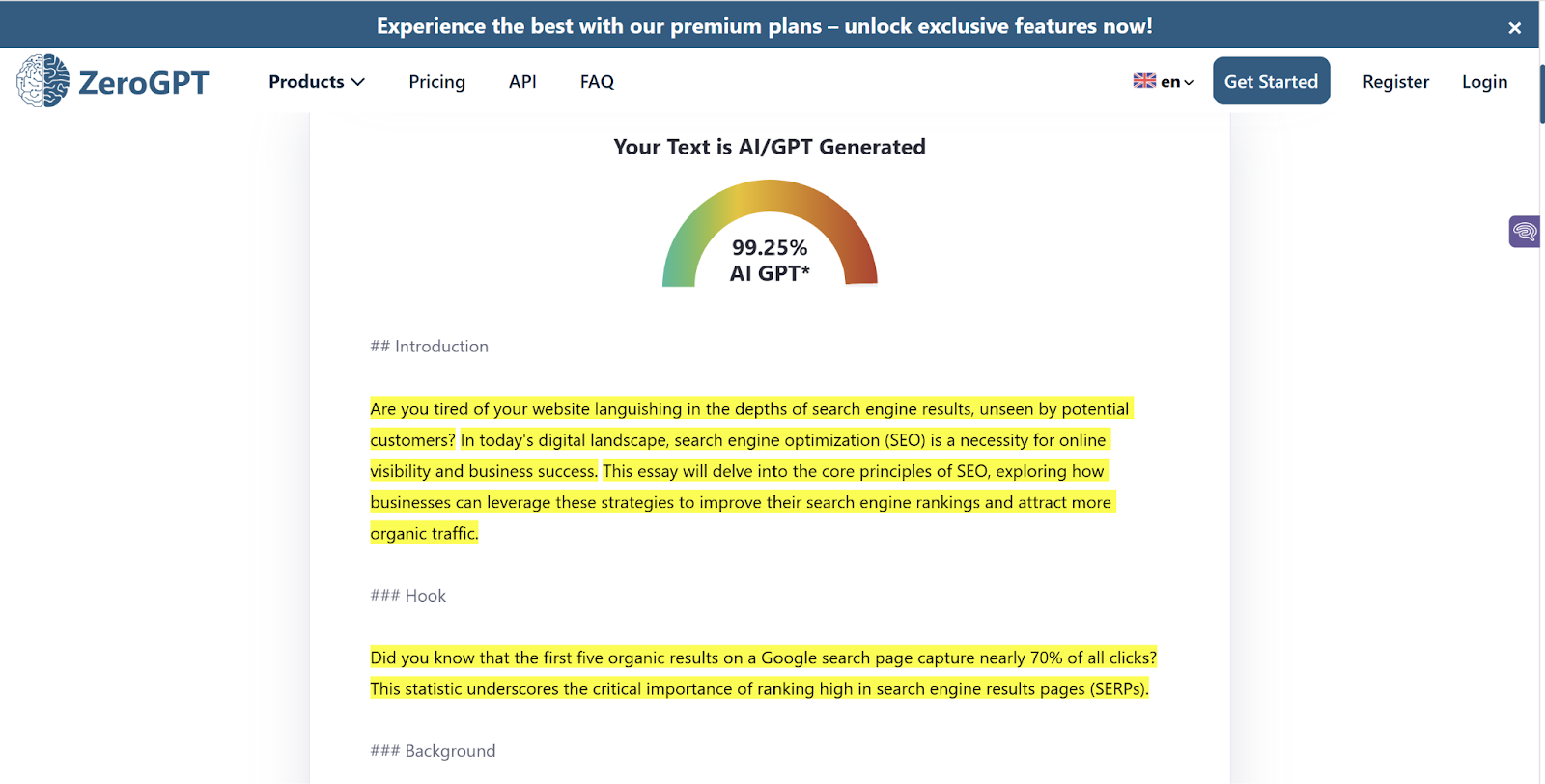 ZeroGPT scan of an AI Essay