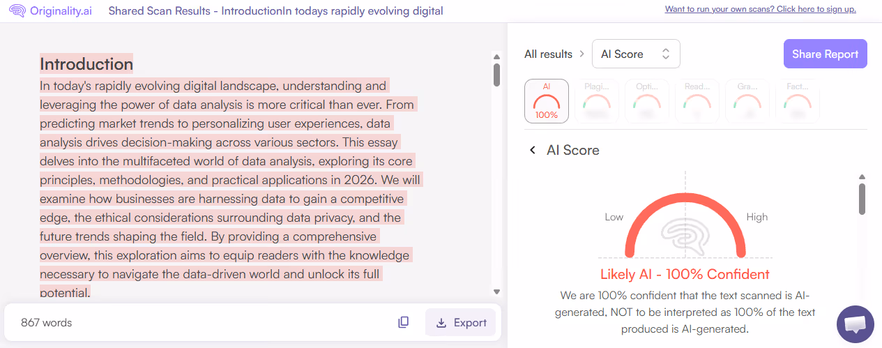 Originality.ai Scan of an AI Blog Post on Data Analysis