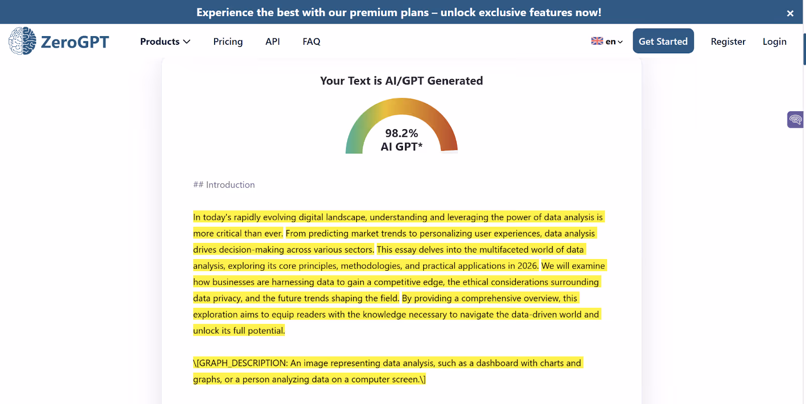 ZeroGPT scan of an AI Essay