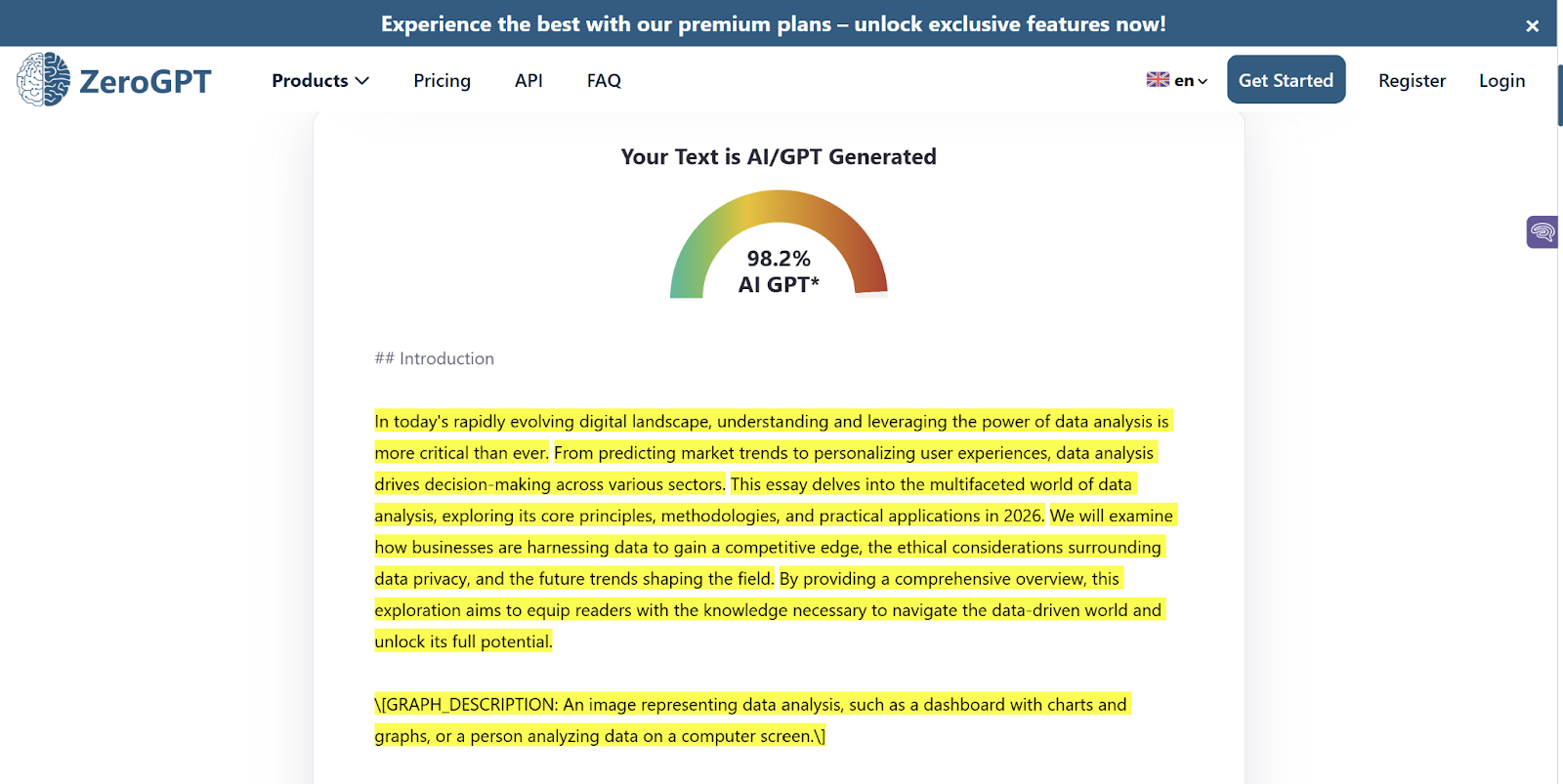 ZeroGPT scan of an AI Essay