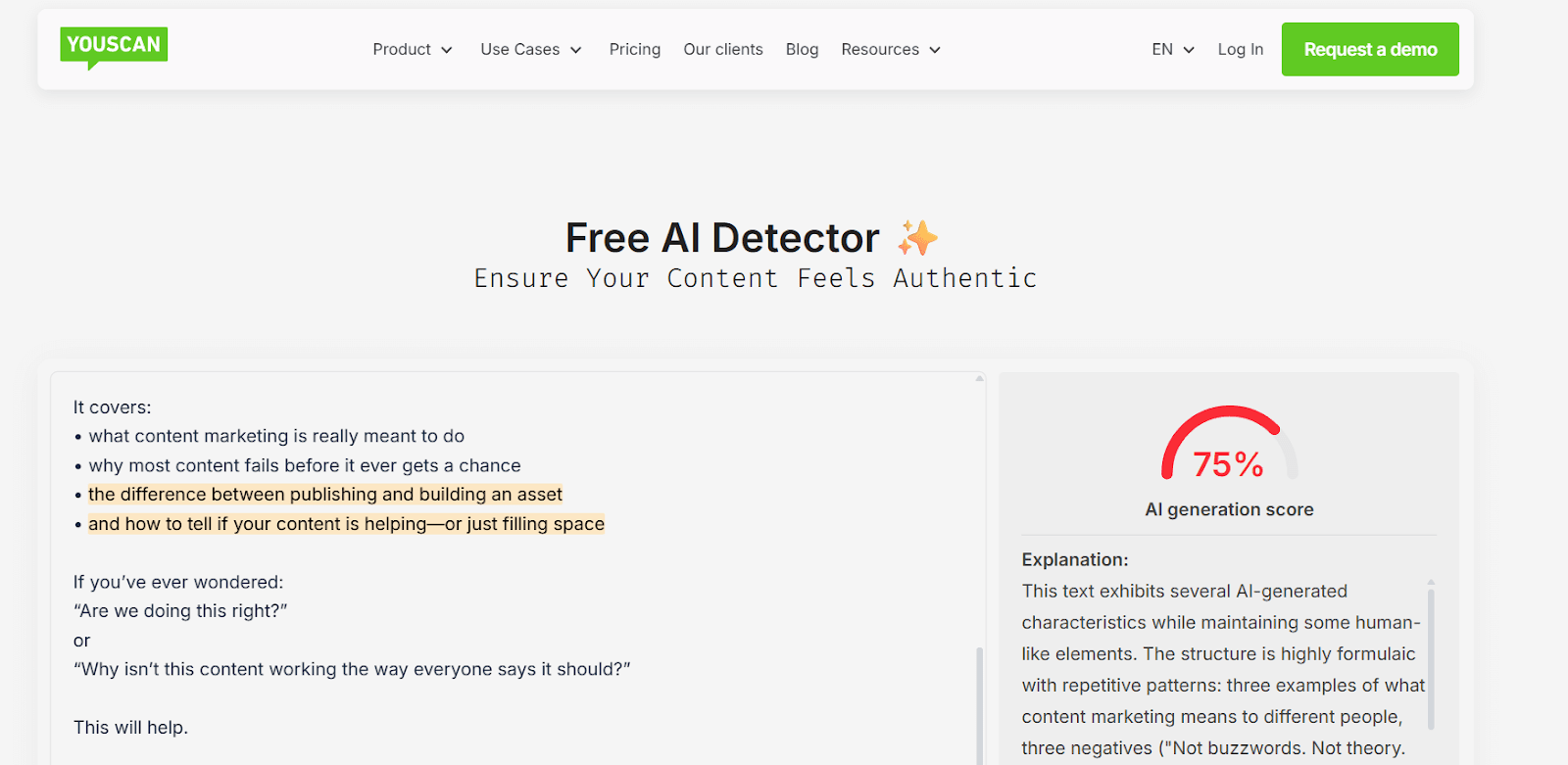 YouScan highlights potentially AI-generated text in a promotional email