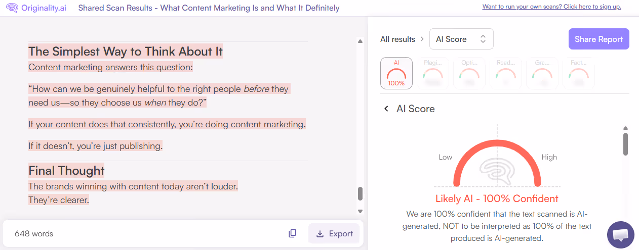 Originality.ai AI Detection Scan