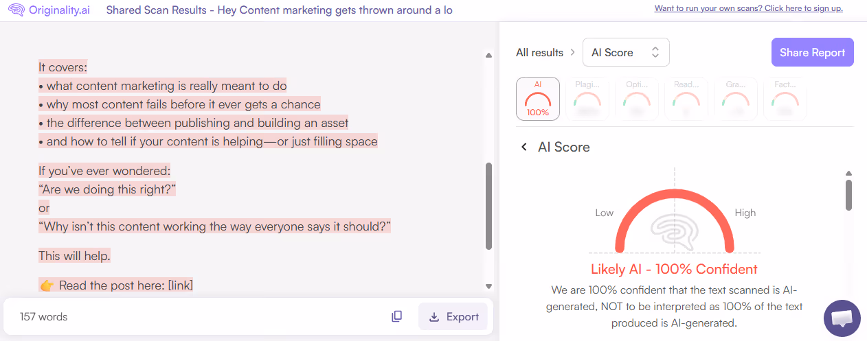 Originality.ai detects AI in a promotional email