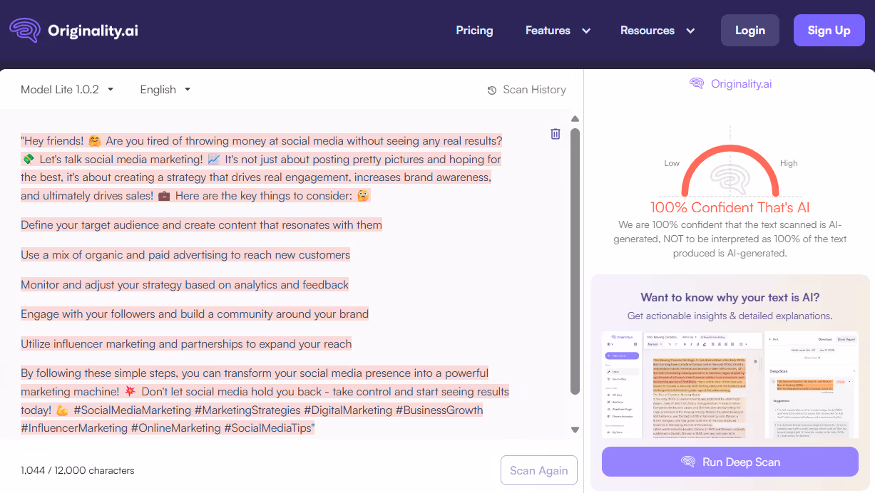 Originality.ai AI Scan of an AI-generated LinkedIn Post