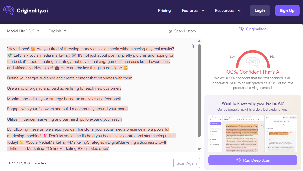 Originality.ai AI Scan of an AI-generated LinkedIn Post