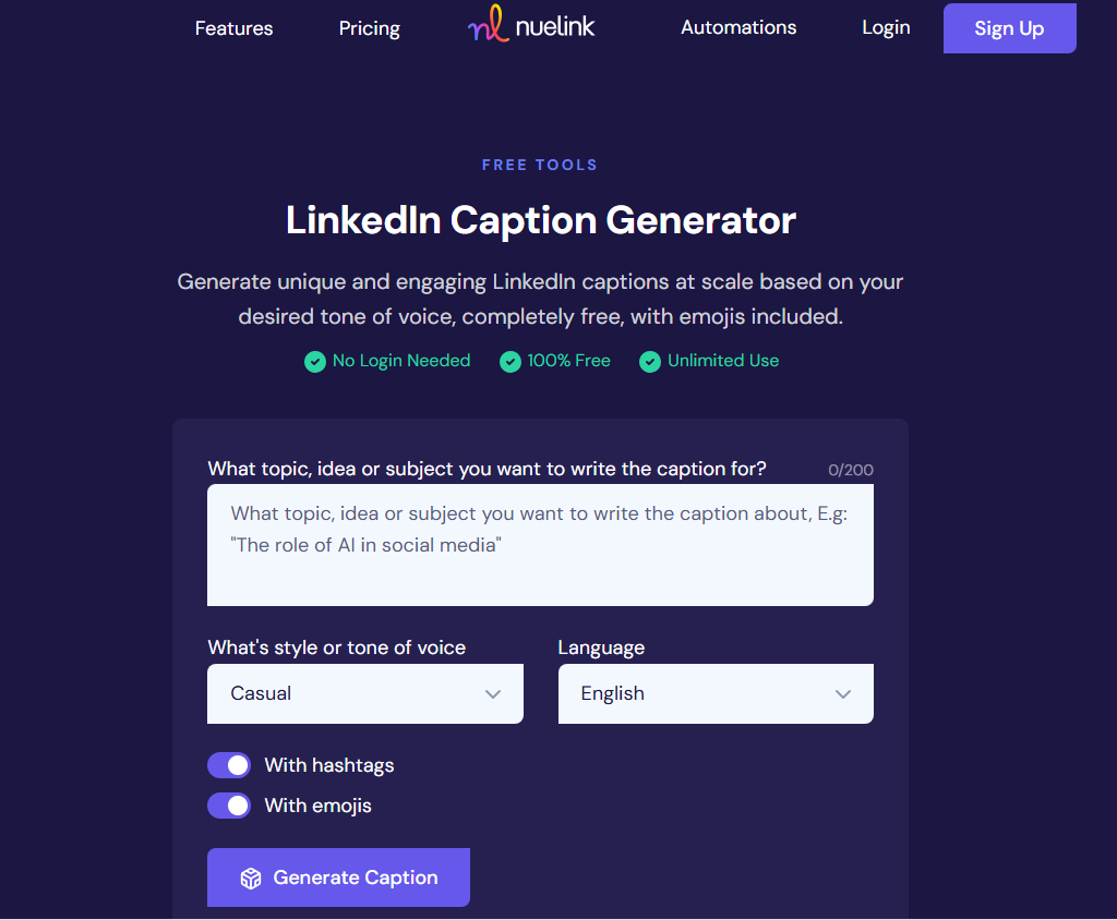 Nuelink's AI LinkedIn Caption Generator