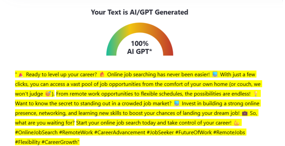 ZeroGPT Scan of an AI-generated LinkedIn Post