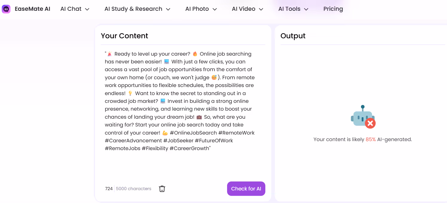 Easemate AI scan of an AI LinkedIn post