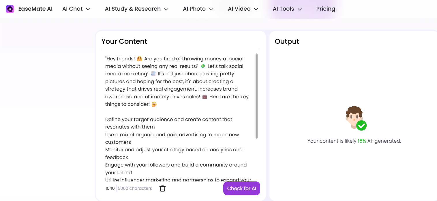 Easemate AI Detector Scan of an AI LinkedIn Post