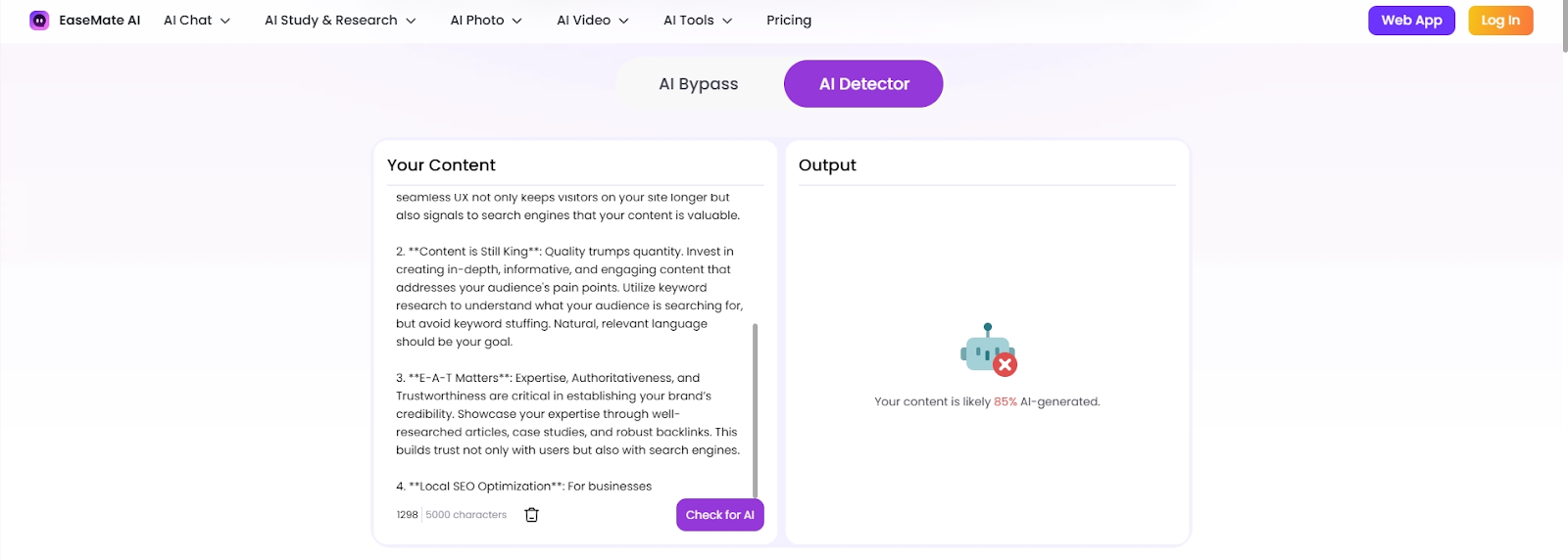 Easemate AI Scan of AI Text