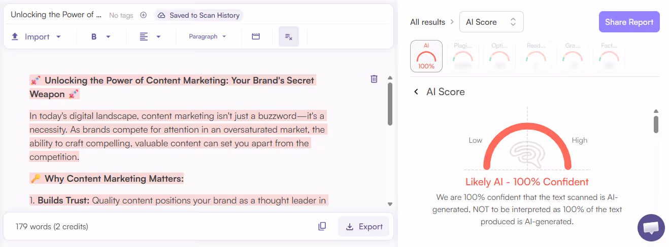 Originality.ai AI Scan of an AI Social Caption