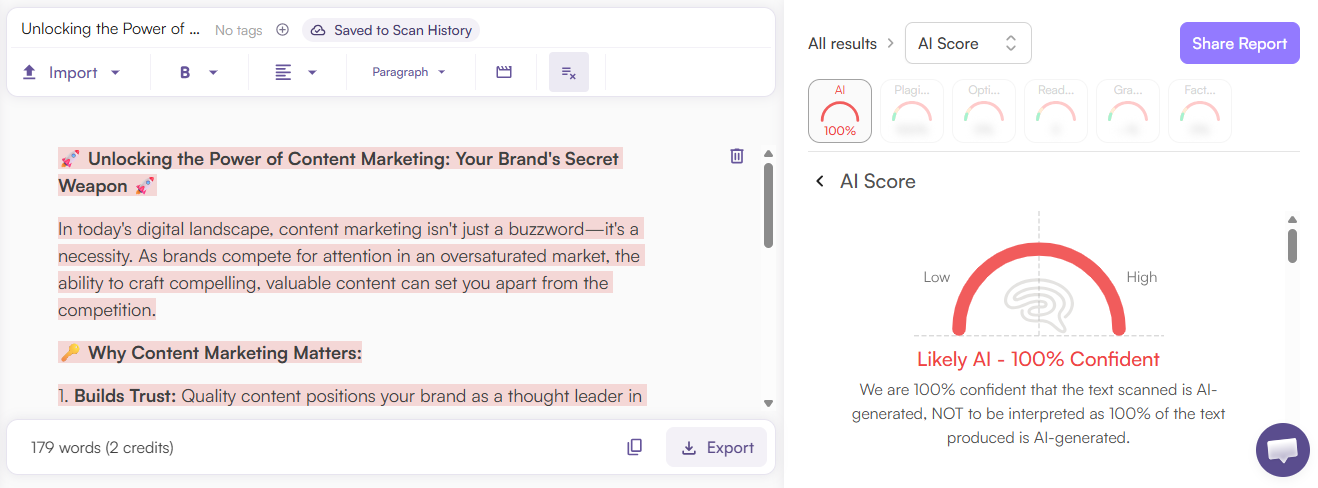 Originality.ai AI Scan of an AI Social Caption