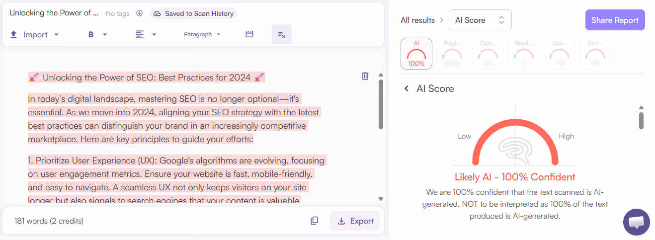 Originality.ai AI Scan of an AI Social Post