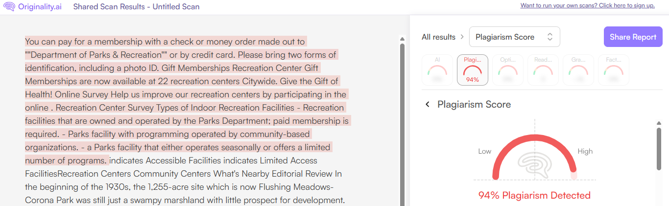 Originality.ai Plagiarism Checking Scan