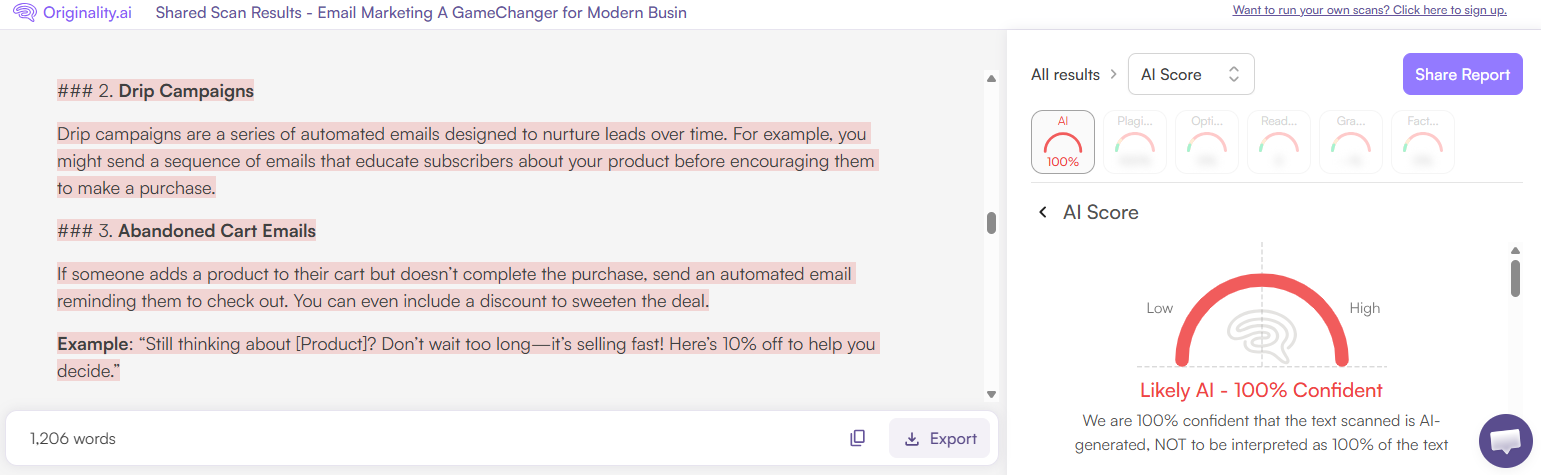Originality.ai AI Scan of an AgencyHandy Blog Post