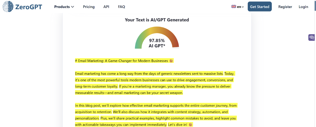 ZeroGPT Scan of AI Blog
