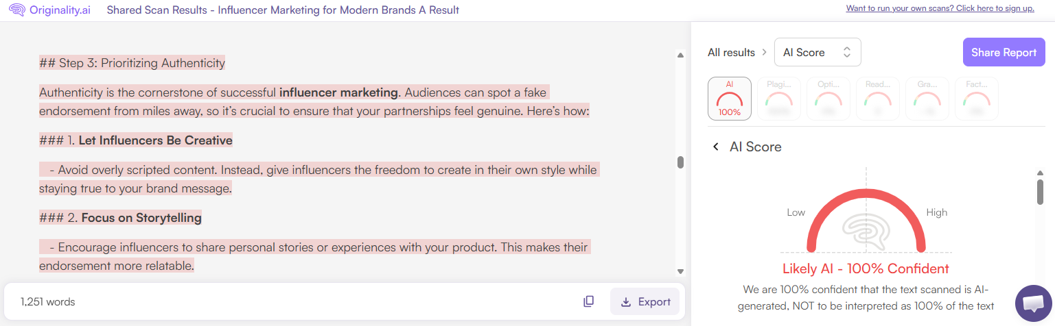 Originality.ai AI Check of an AgencyHandy Blog Post