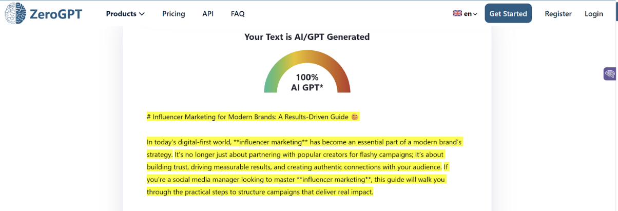 ZeroGPT Scan of an AI Blog