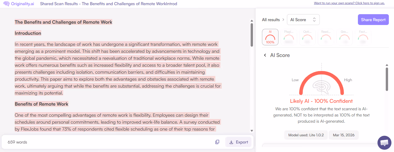Originality.ai AI Scan of an AIFreeBox AI-generated paper