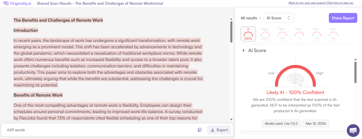 Originality.ai AI Scan of an AIFreeBox AI-generated paper