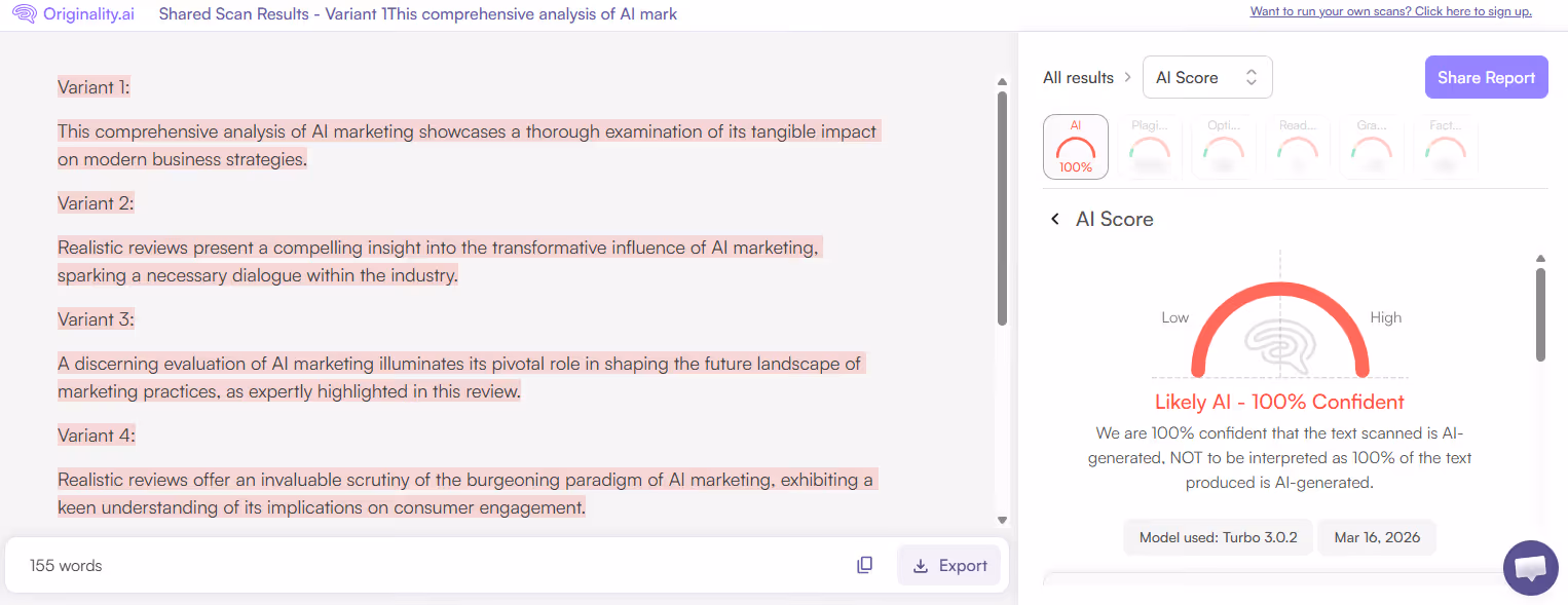 Originality.ai Scan of Loopple AI Review Content