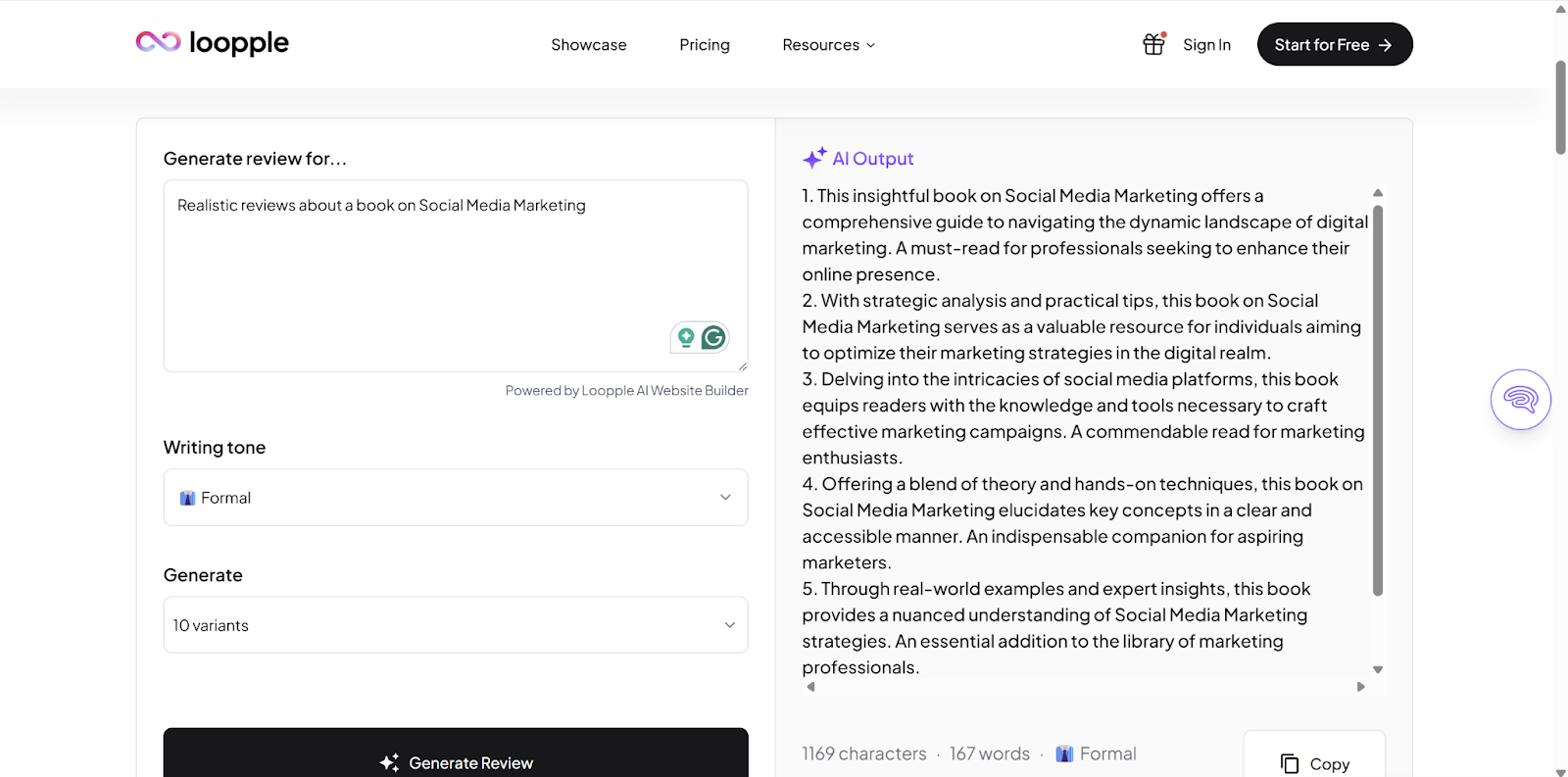 Loopple's AI Review Generator Text Sample
