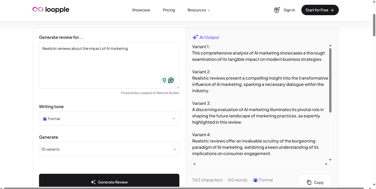 Loopple's Review Generator, AI-Generated Samples