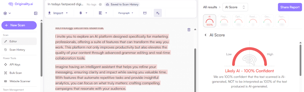 Originality.ai AI scan of an AI LinkedIn Post