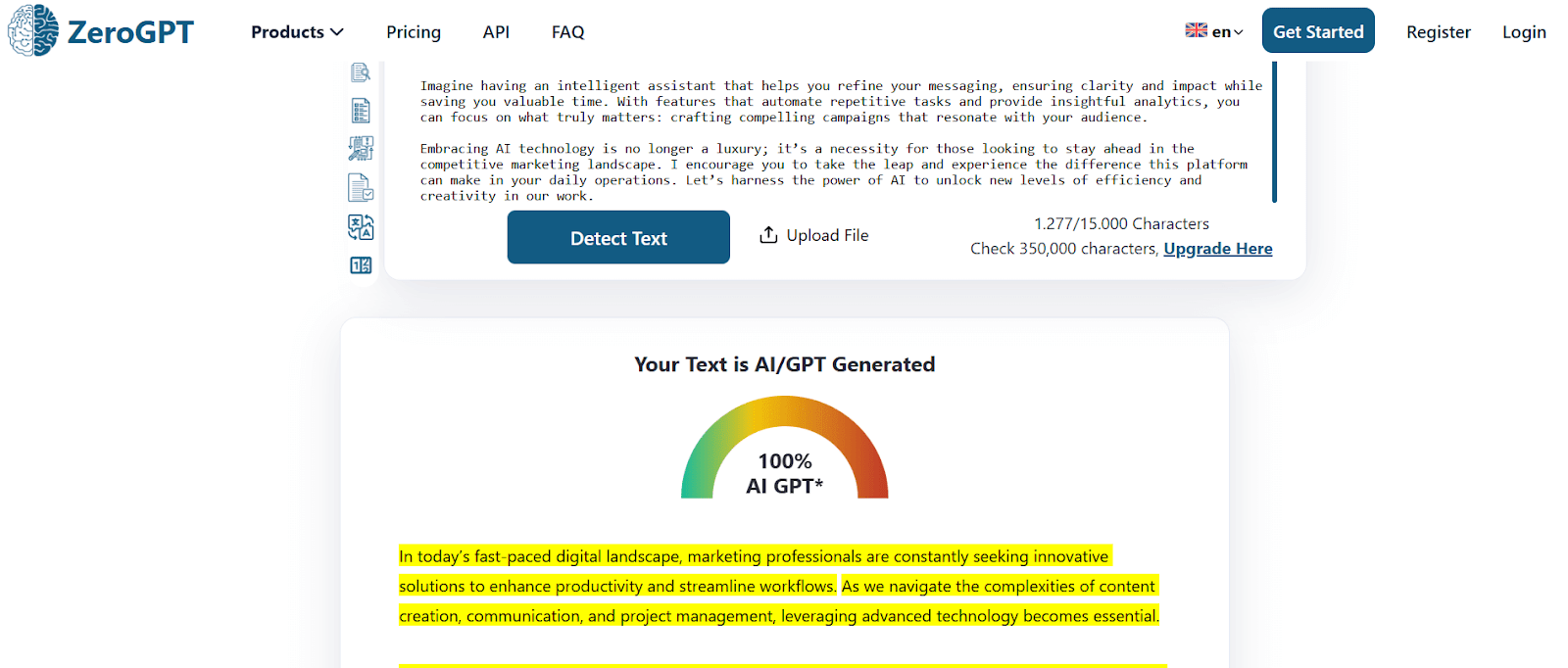 ZeroGPT scan of an AI LinkedIn post
