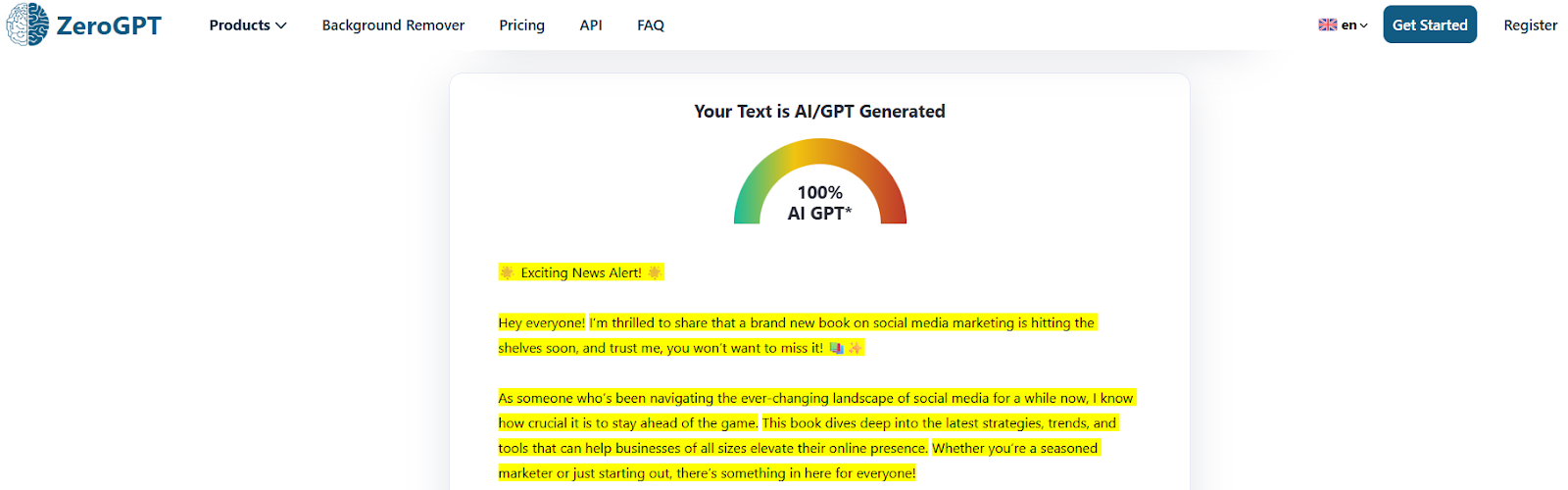 ZeroGPT Scan of a OneUp LinkedIn post