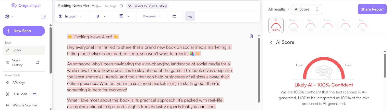 Originality.ai AI Scan of a OneUp LinkedIn Post