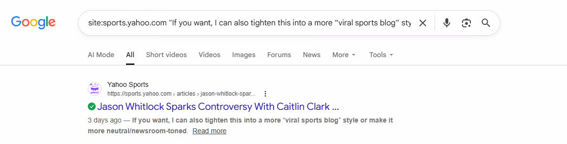 AI sentence appears in a Yahoo article